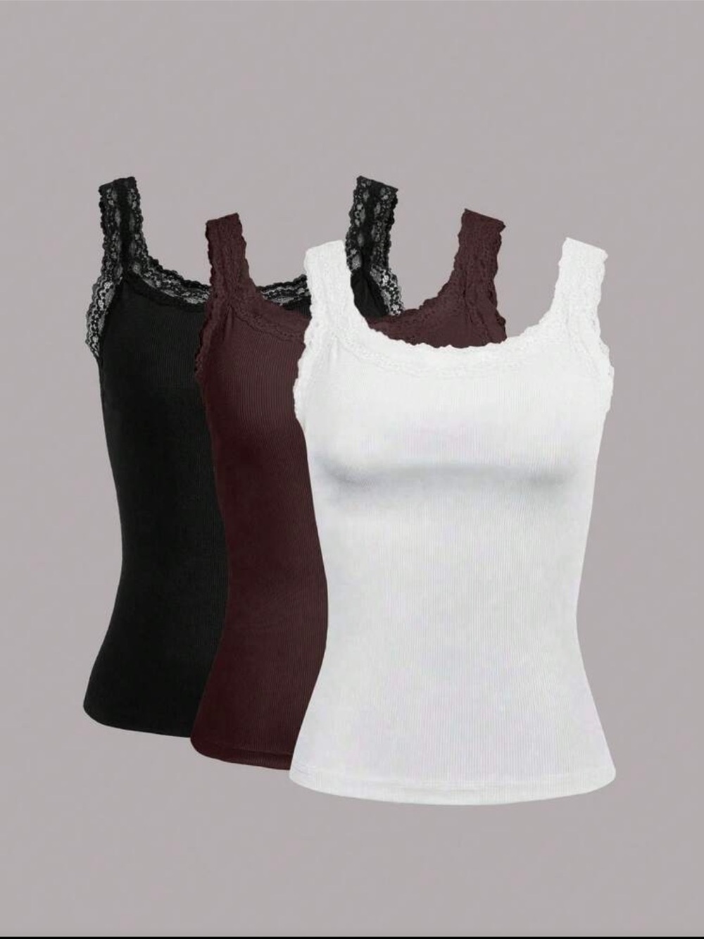NWOT: Multicolor Lace Trim Ribbed Tank Top - 3-Pack